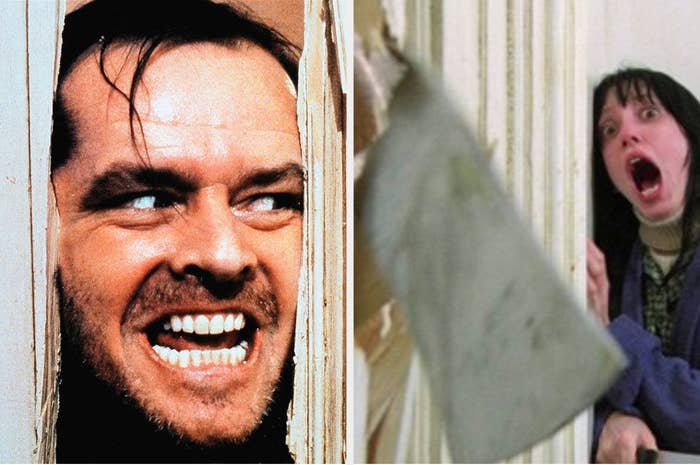 Jack bursting through a door with an axe and Wendy screaming on the other side of the door