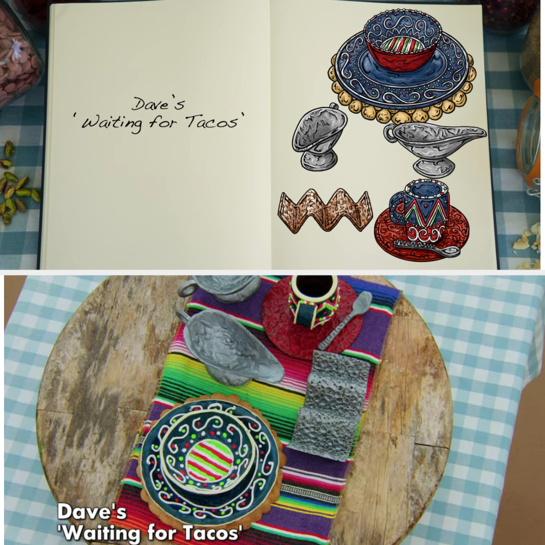 A drawing of Dave&#x27;s table setting structure side by side with his finished bake