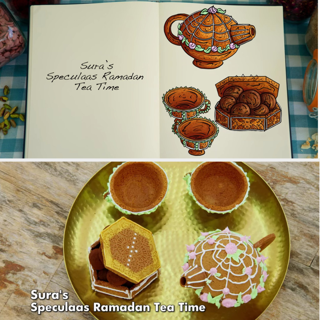 A drawing of Sura&#x27;s tea set structure side by side with her finished bake