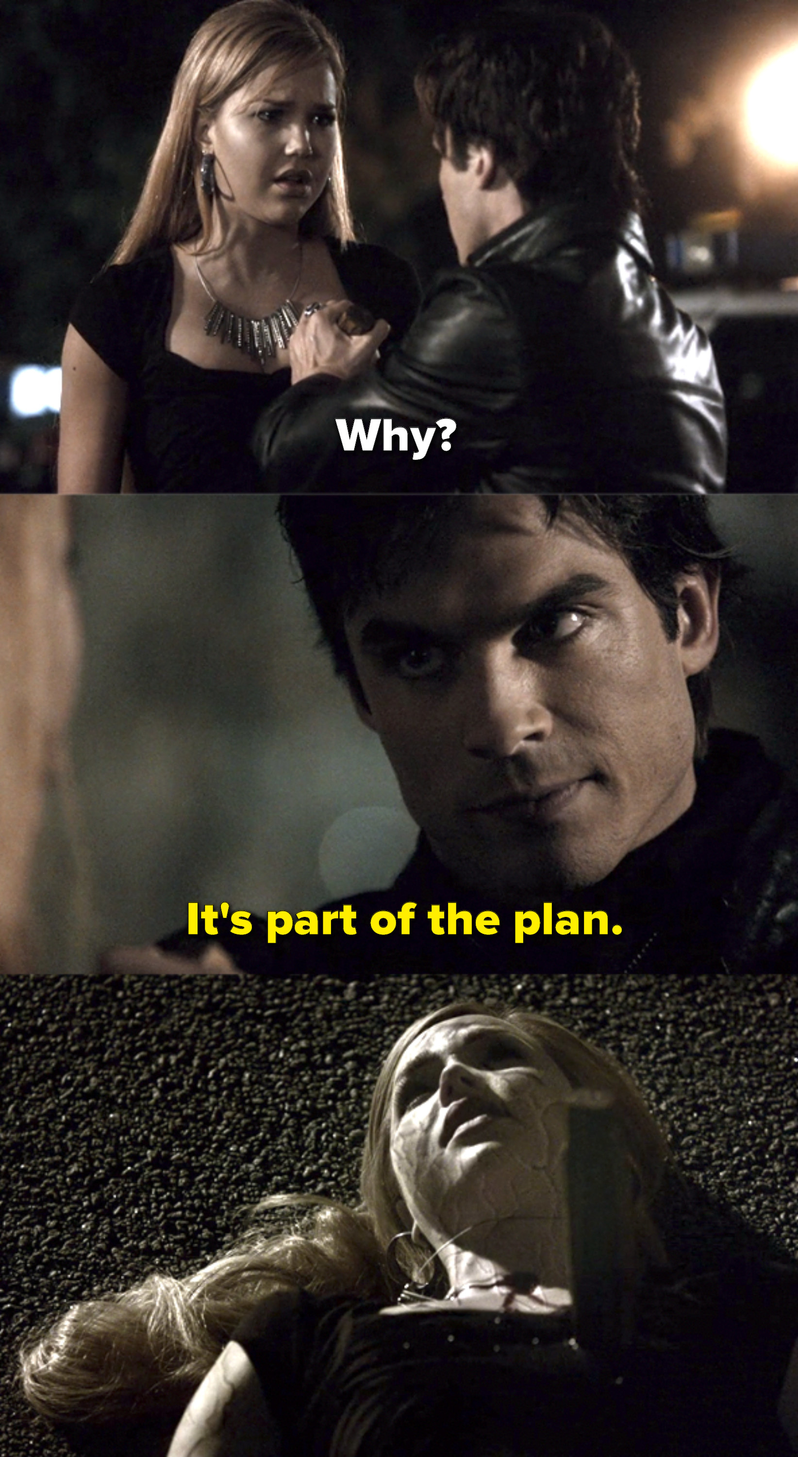 Damon stakes Lexi, who asks why. He says it&#x27;s part of the plan, and she dies
