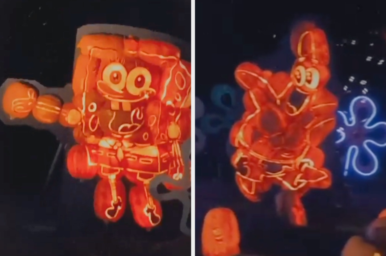 Pumpkins in the shape of Spongebob and Patrick