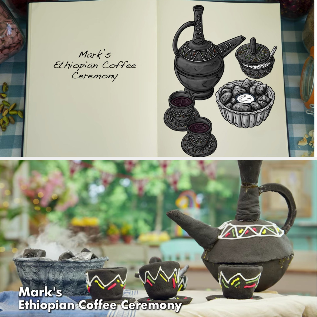 A drawing of Mark&#x27;s coffee set structure side by side with his finished bake