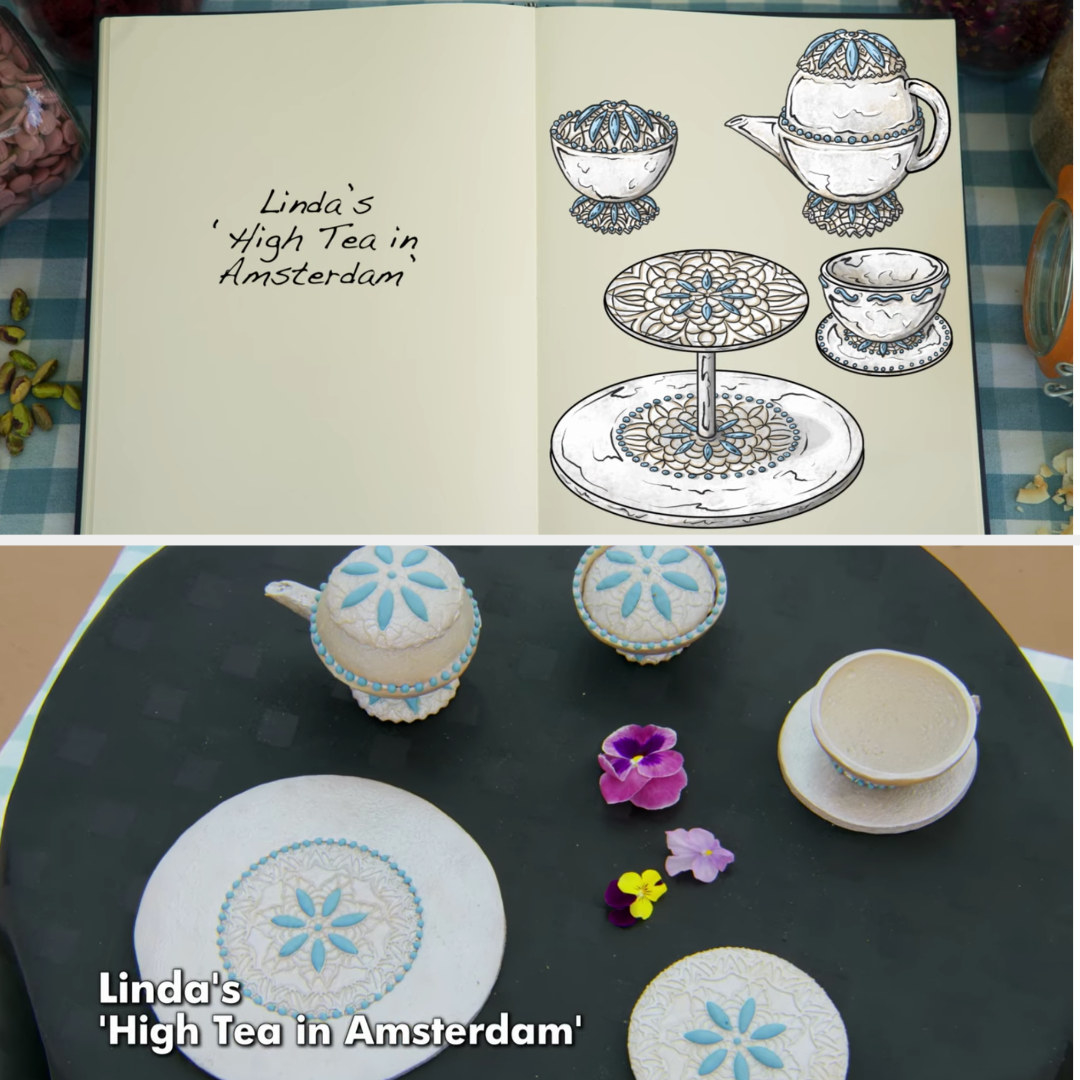 A drawing of Linda&#x27;s tea set structure side by side with her finished bake