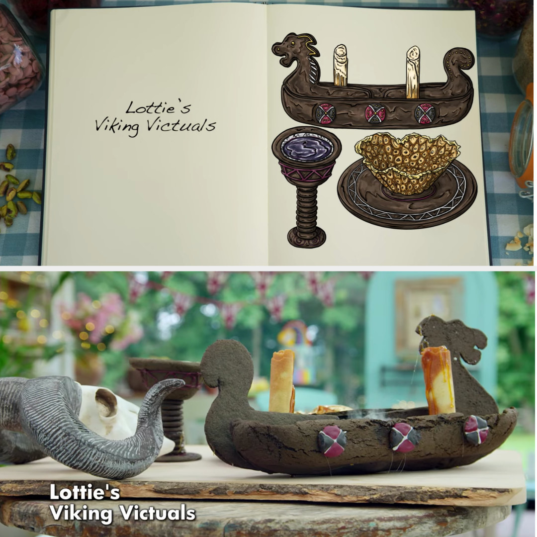 A drawing of Lottie&#x27;s Viking structure side by side with her finished bake