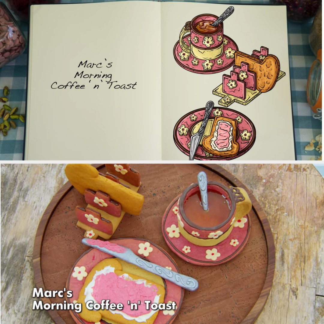 A drawing of Marc&#x27;s breakfast structure side by side with his finished bake