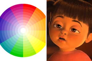 Boo looking confused in Monsters Inc. and a picture of the color wheel