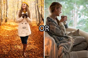 （左）一个穿着靴子，外套，手套和无檐小便帽的女人微笑着她穿过秋天的森林；（右）一个女人在坐在椅子上捆扎在舒适的衣服上时喝了一杯热饮