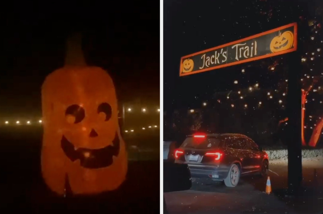 Giant Jack O&#x27; Lantern and cars turning into the drive for the pumpkin viewing