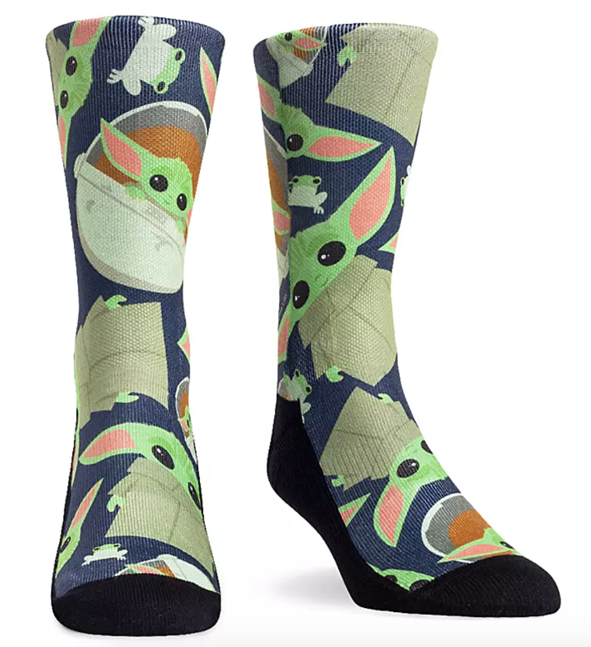 tall socks with an animated version of baby yoda on them