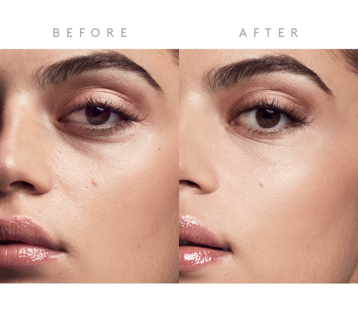 a before and after of a model with visible dark circles under eyes, then smoother even-toned undereyes after using concealer 