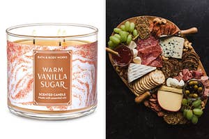 On the left, a Warm Vanilla Sugar candle from Bath & Body Works, and on the right, a charcutier board with various meats, crackers, cheese, grapes, and olives