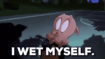 Pig blushing and saying, &quot;I wet myself&quot;