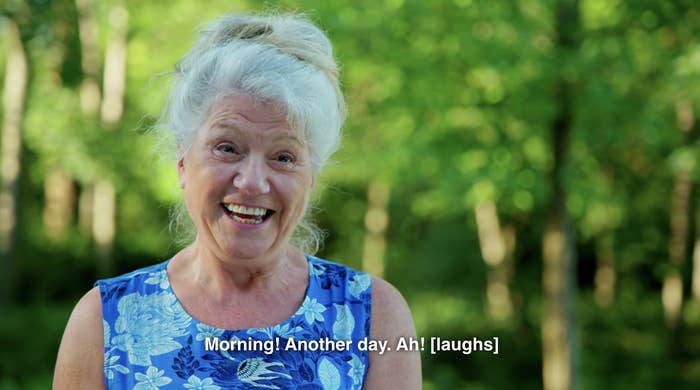 Linda saying &quot;Morning! Another day. Ah!&quot; and laughing