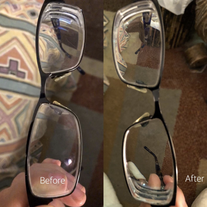 On the left, a reviewer's glasses looking fogged up, and on the right, the same glasses looking clean after using the wipes