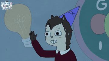 Cartoon in a party hat waving awkwardly and sweating