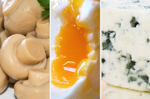 Canned mushrooms, egg yolk, and blue cheese