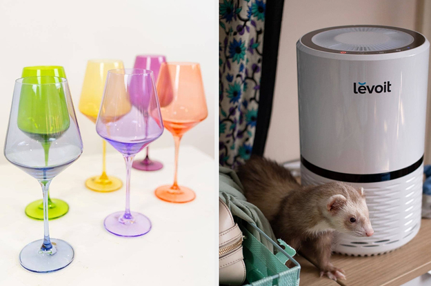 (left) Multi-colored stemmed wine glasses (right) White air purifier