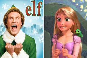 A poster of Elf next to an image of Rapunzel