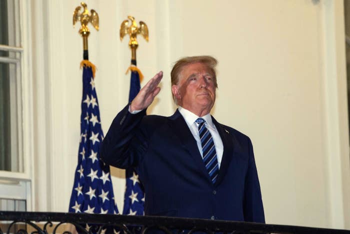 Donald Trump is pictured saluting in front of two US flags at the White House