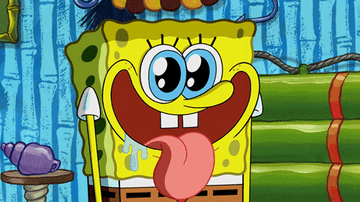Spongebob dramatically licking his lips while staring at something