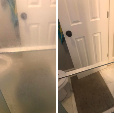Reviewer image of water stained shower door scrubbed completely clean and clear after use