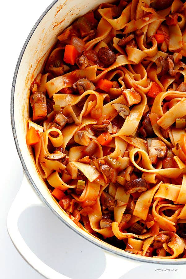 A pot filled with tagliatelle mushroom &quot;Bolognese.&quot;