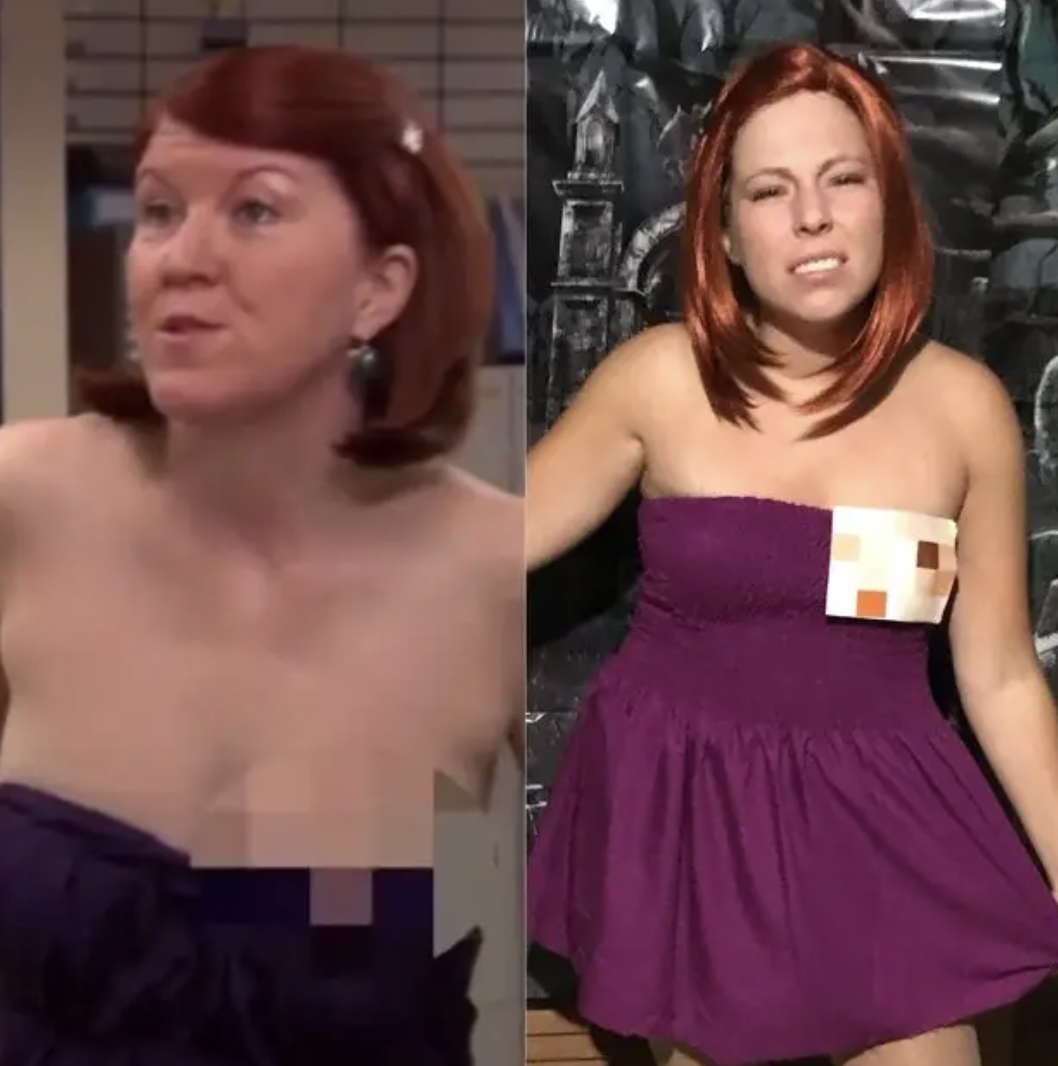 A side-by-side of a drunk Meredith from "The Office" and a woman dressed just like her