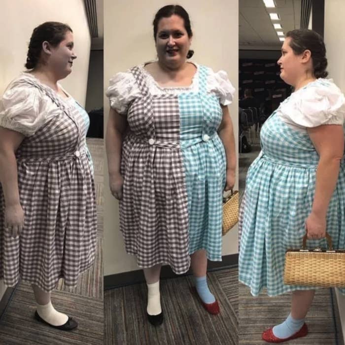 A woman dressed as Dorothy from &quot;The Wizard of Oz,&quot; but half of her is in black and white and the other half is in color