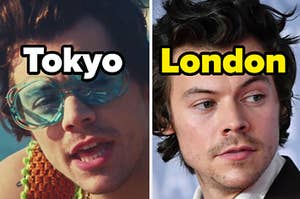 Harry Styles is in summer wear labeled "Tokyo" with Harry Styles in a suit on the right labeled "London" on the right