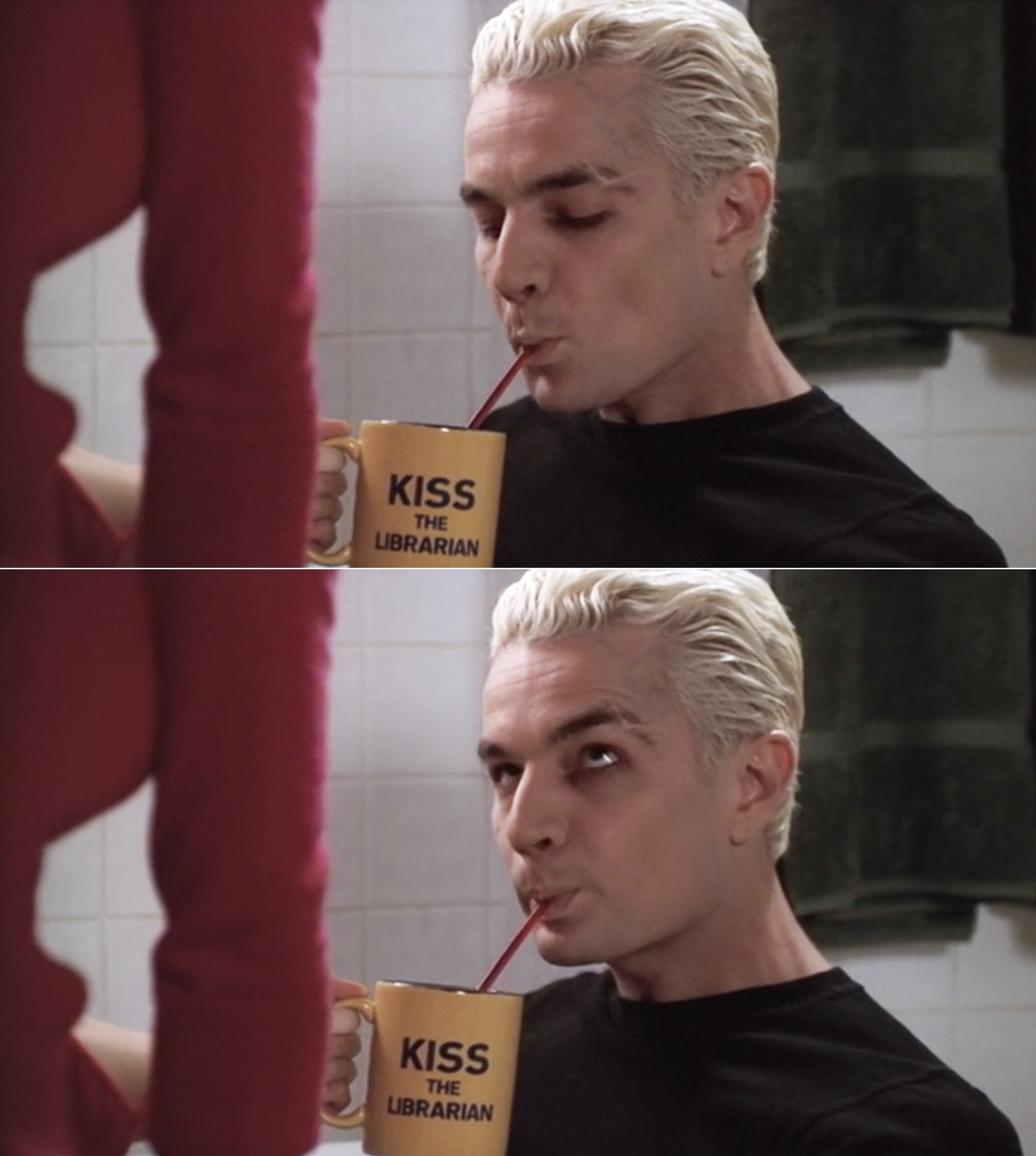 Spike drinking blood from a &quot;kiss the librarian&quot; mug