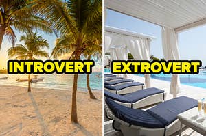 A tropical beach with the text "introvert" and a hotel pool with the text "extrovert"