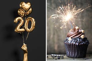 A woman is holding a "20" balloon on the left with a cupcake and candles on the right
