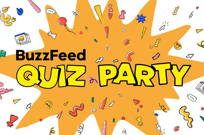 A cartoon of an explosion with random objects coming out including arrows and swiggles with &quot;BuzzFeed Quiz Party&quot; written on top