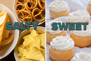 Salty snacks and cupcakes.