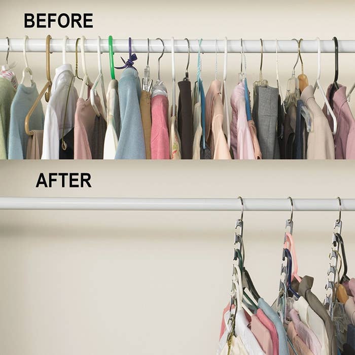 Before-and-after of a crowded closet rack and then the same rack with double the space