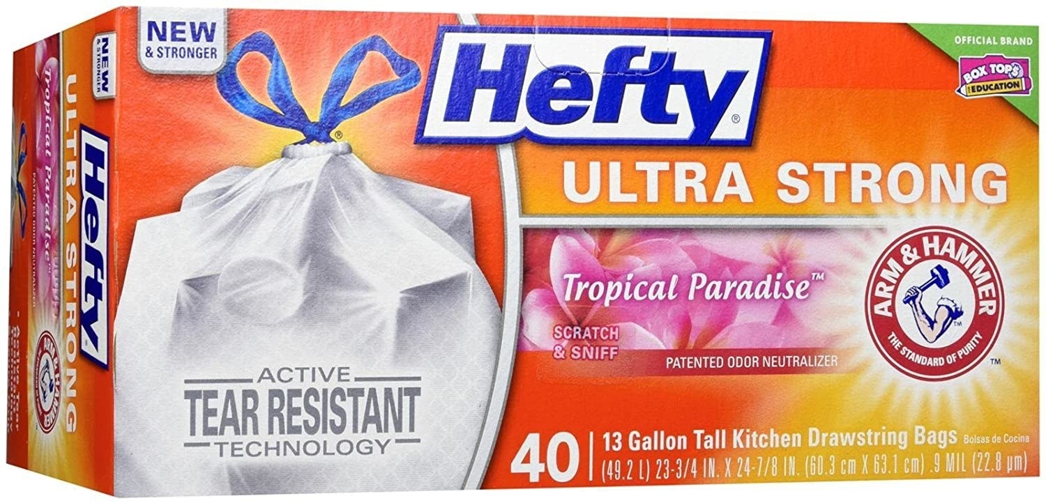 A box of the Hefty Ultra Strong Tall Kitchen Trash Bags, Tropical Paradise Scent