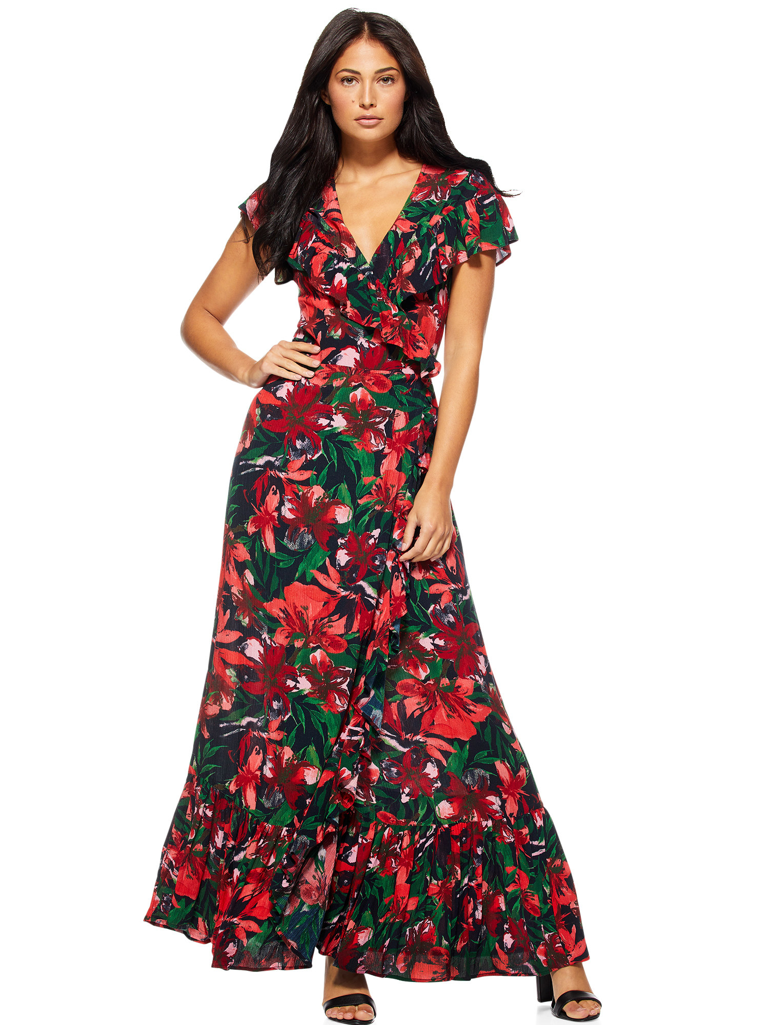 The red, black, and green floral-printed short sleeve maxi dress