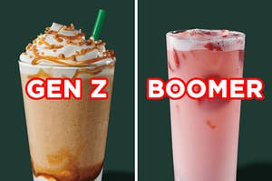 On the left, a Caramel Ribbon Crunch Frappuccino from Starbucks labeled "Gen Z," and on the right, a Starbucks Pink Drink labeled "Boomer"