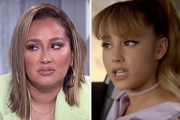 Adrienne Bailon rolling her eyes and Ariana Grande looking confused