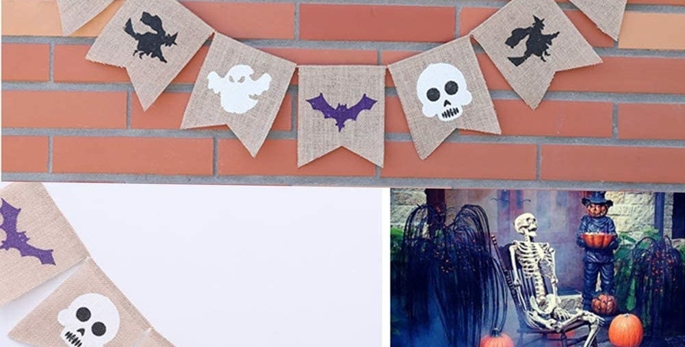 A banner across a brick wall with bats skulls witches and ghosts