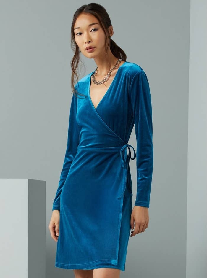 The blue velvet midi wrap dress