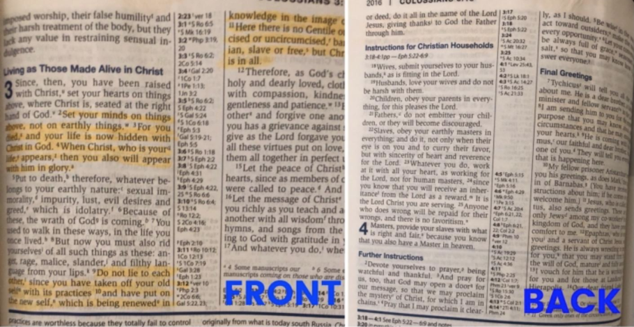 A reviewer&#x27;s image of a page of their Bible that they highlighted, and the back of that page showing that the highlighter did not bleed through