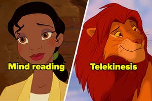 Tiana with the text "mind reading" and Simba with the text "telekinesis"