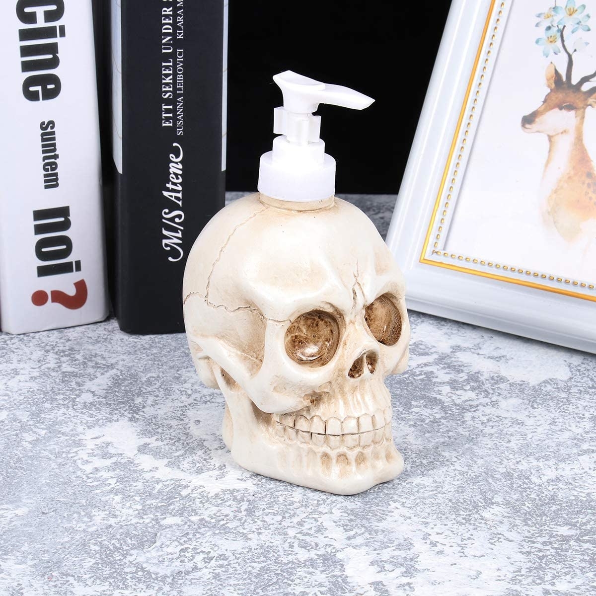A soap dispenser shaped like a human skull