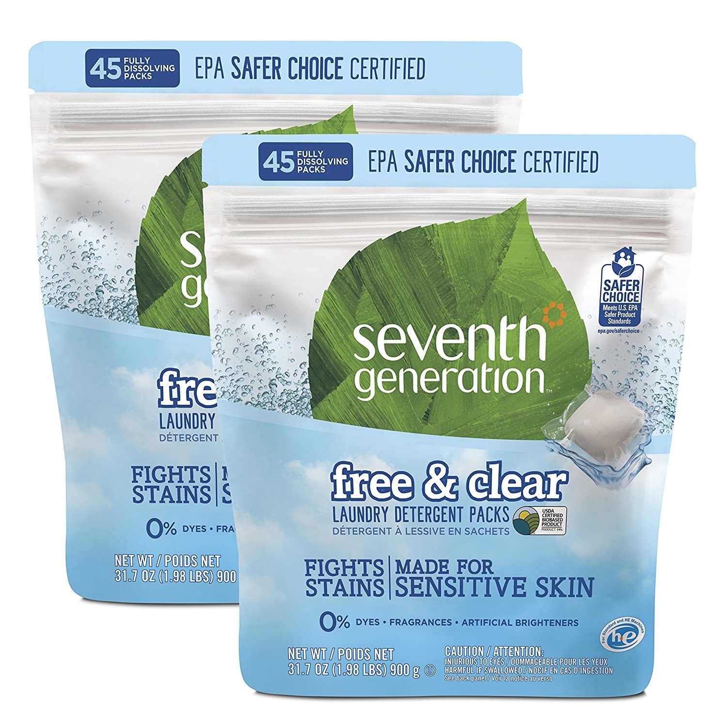 Two packs of the free and clear Seventh Generation Laundry Detergent pods