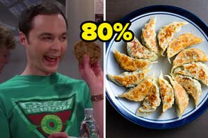 Sheldon is on the left holding a cookie with "80%" in the center and dumplings on the right