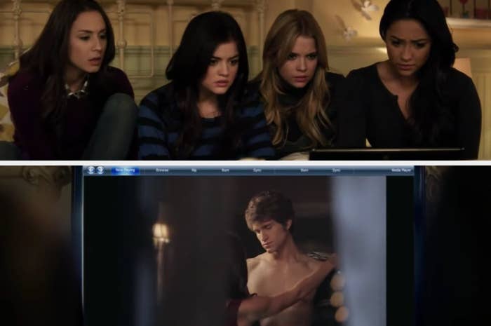 Spencer, Aria, Hanna, and Emily watching the video they found of Jenna taking off Toby's shirt