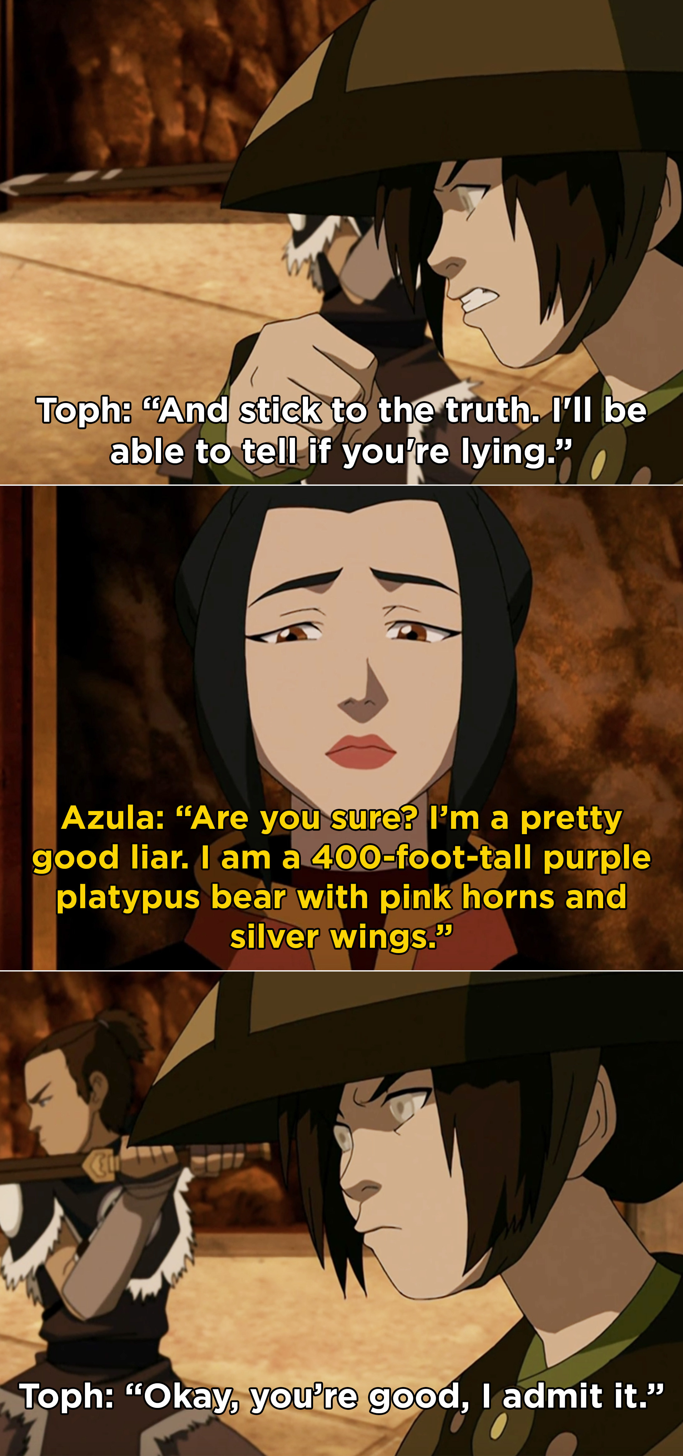 Azula lying to Toph and saying she&#x27;s a 400-foot-tall purple platypus bear