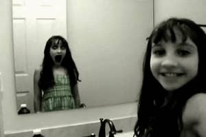 A girl's reflection making an evil face at herself
