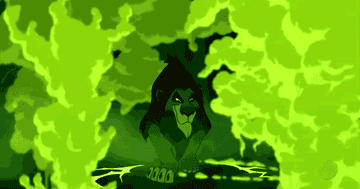 Scar stalks through the green smoke in the cave with a smirk